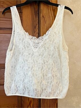 Coquette Fairy Feminine Sheer Stretchy Floral Lace Appliqué Tank Top Size L